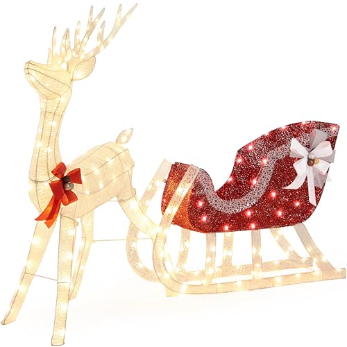 Yaheetech 4ft Lighted Christmas Reindeer & Sleigh Set, Light-up Xmas Santa Sleigh Outdoor Décor Set w/ 360 Warm White LED Lights/Stakes/ZipTies for Front Yard/Porch/Lawn/Indoor Display