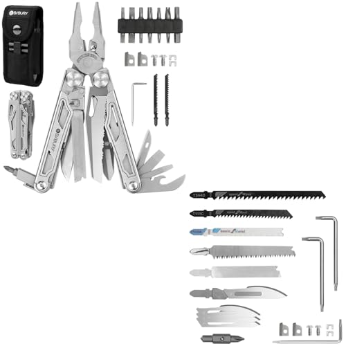 BIBURY Multitool Pliers Pro BI2045 with Spare Parts Kit, Foladable Multitools with Replaceable Wire Cutters and Saw, Upgraded Scissors and Screwdriver Set, Ideal for Camping, Fishing, Survival