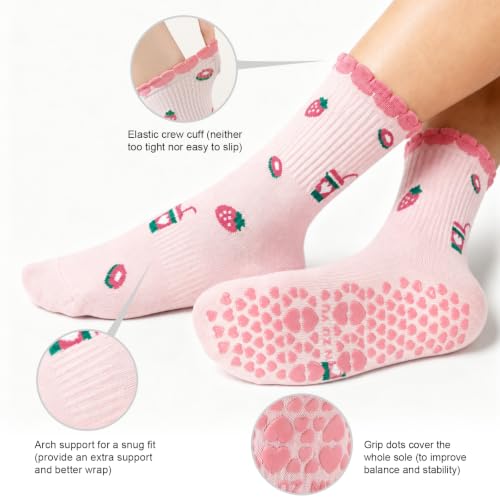 Image of Toes Home Pilates Socks for Women with Non Slip Grippers, Yoga Crew Socks for Barre Hospital Sticky Slipper Socks 4 Pairs