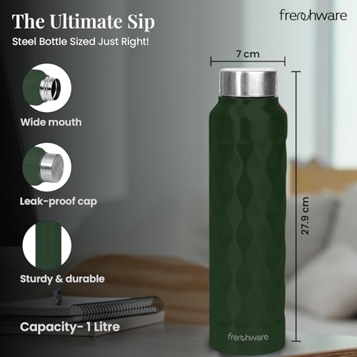 Image of Frenchware Water Bottle (1 Litre, Premium Stainless Steel, Emerald Green) Bottle for Fridge, School, Outdoor, Gym, Home and Office, Scratch-Resistant, Rust Free, Non-Toxic, Easy-to-Clean