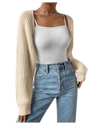 Image of RoseSeek Women's Cropped Cardigan Sweaters Long Sleeve Open Front Bolero Shrugs Casual Knit Tops Apricot Plain Large