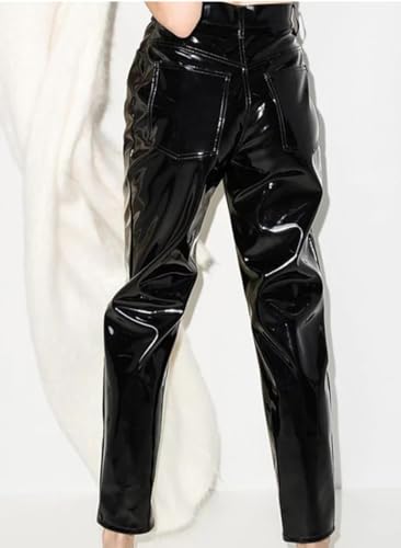 Women's Trendy Faux PU Leather Pencil Pants High Waist Button Fly Ankle-Length Party Trousers3