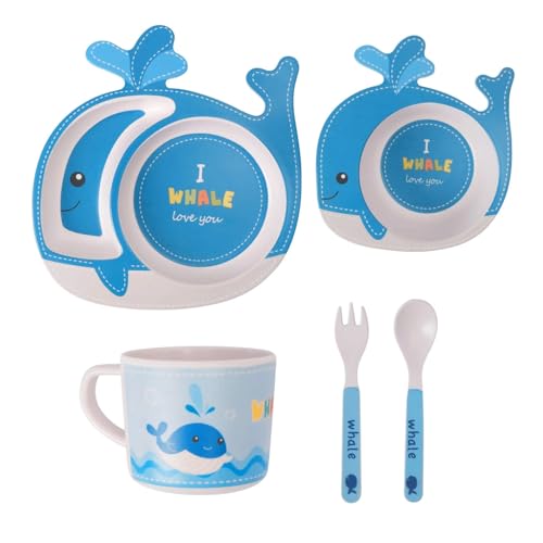 Deepashri™ Baby Feeding Essentials Set |Soft Spoon & Fork - Divided Suction Plate, Suction Bowl, Sippy Cup, BPA-Free, Dishwasher Safe - Whale Blue (Set of 5).