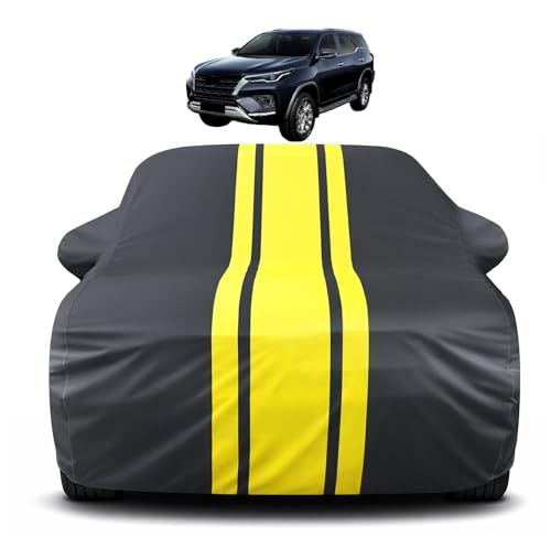 Image of Auto Hub Car Cover Compatible with Toyota fortuner Facelift with Mirror Pocket, Soft Cotton Lining, fortuner Facelift Car Cover Waterproof - Yellow-Black