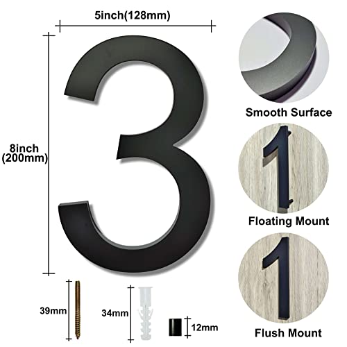 Ywonoby 8 Inch House Numbers for Outside-Large Modern 3D Floating Door Numbers-Weatherproof and Easy to install-Matte Black Acrylic Number (3) - Image 3