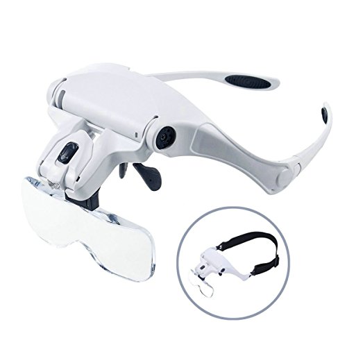 GuDoQi® Lupenbrille mit Licht LED Lupe Hände Frei Kopfband Lupen mit 2 LEDs und 5 Wechselobjektive für Elektriker Juweliere und ältere Menschen 1.0X bis 3.5X Zoom