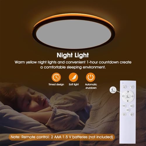 Image of 12 inch Dimmable LED Ceiling Light with Remote Control, 24 W 3-Color Ceiling Light with Dim Night Light 1800k Warm, Round Flush LED Ceiling Lights (Black)