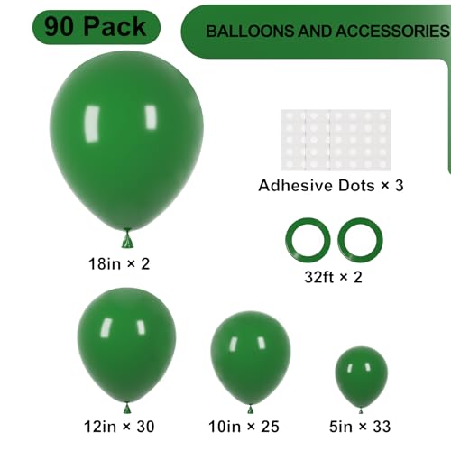 Image of Voircoloria 90pack Dark Green Balloons Different Size 18 /12 /10 /5 Inch Green Balloon Garland Arch Kit for Birthday, Graduation, St. Patrick's Day, Christmas, Baby Shower, Dinosaur Party Decorations