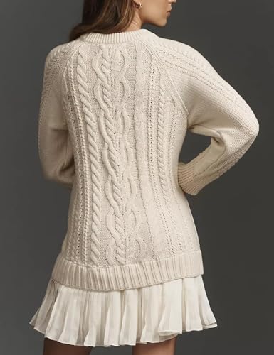 Women Crewneck Cable Knit Sweater Mini Dress,Crewneck Long Sleeve Pleated Mini Dress,Casual Long Sleeve Short Dresses3