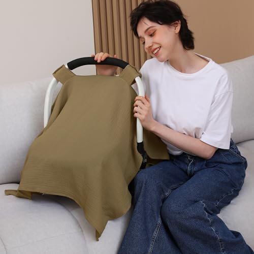Image of 100% Muslin Cotton Car Seat Cover Baby, Carseat Canopy Cover, Universal Fit Stroller Covers for Boys and Girls (Coffee)