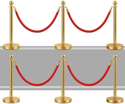 6PCS Gold Stanchions with 5FT Red Velvet Rope - Heavy Duty Crowd Control Barriers and Rope Safety Barriers for Events Weddings Red Carpet and Stanchion Set for Party (39.4 Inch Post Height)