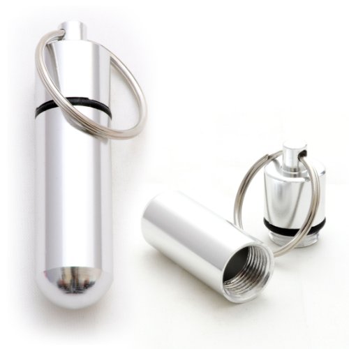 Ganzoo Mini Kapsel Pillen-Dose im 2er Set, Aluminium Schlüssel-Anhänger zur Aufbewahrung von Pillen und Medikamenten, wasserdicht durch Schraubverschluss mit Gummidichtung, Silber, 48 mm, 14 mm außen