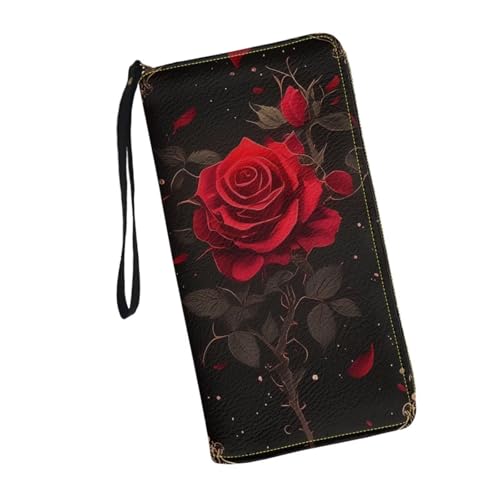 Gothic Red Rose Wallet for Womens Around Zipper Long Purse Rfid Blocking Card Holder Clutch Bag Wristlet Wallet