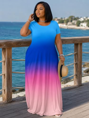 Image of PinkPatty Women's Plus Size Maxi Dresses Short Sleeve Sundress Summer T-Shirt Beach Long Dress with Pockets