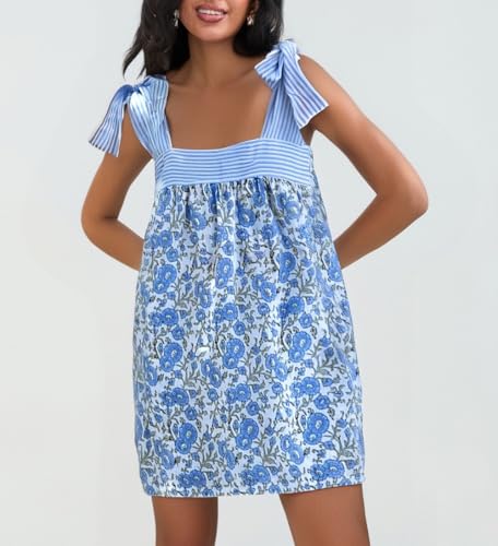 Juakoso Women Boho Floral Short Dress Tie Shoulder Sleeveless Dress Babydoll Mini Dresses Summer Holiday Sundress2