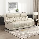 Lexicon Wall Hugger Power Double Reclining Sofa with Center Drop-Down Table, Faux Leather Home Theater Seating with LED Lighting/USB Charging Ports/Wireless Charger/Cup Holders, Magazine Pocket, Beige