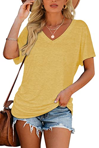 Image of WIHOLL Womens Summer T-Shirts Short Sleeve V Neck Dolman Tops with Side Shirring Loose Fit Shirts Spring Fashion
