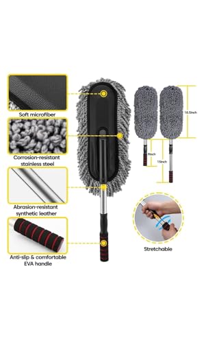 Image of 5 PCS Microfiber Car Duster Kit - Interior & Exterior Car Cleaning Detailing Tool Scratch & Lint Free, Pollen Removing Extendable Long Handle Duster for Car & Motorcycle