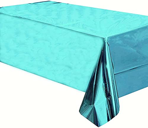 Image of Crackles Turquoise Rectangular Shiny Metallic Tinsel Foil Solid Color Reusable Table Cover 1.37mX1.83m for Indoor Outdoor Party Birthday,Wedding,Thanksgiving,Christmas,Buffet Parties,Camping