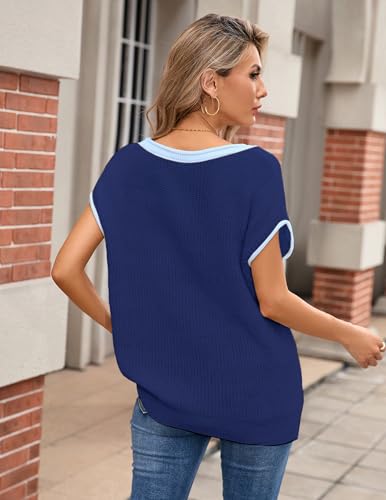 Image of Libsorge Womens Oversized Lightweight Cute Striped Sweater Vest Spring 2025 Crewneck Hollow Out Thin Cap Sleeve Knit Top