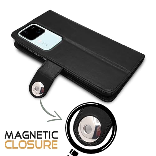 Image of Pikkme Vivo V30 5G Flip Cover Leather Finish | Inside TPU with Card Pockets | Wallet Stand and Shock Proof | Complete Protection Button Flip Case (Black)