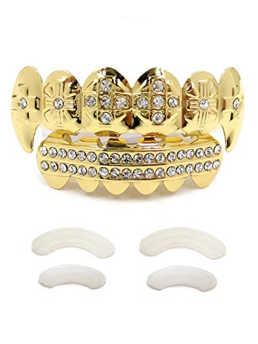 Gold Grillz Teeth Set Best Gift for Son-New Custom Fit 14k Plated Gold Cruz Diamonds Grillz - Excellent Cut for All Types of Teeth  Top and Bottom Grill Set - Hip Hop Bling Grillz