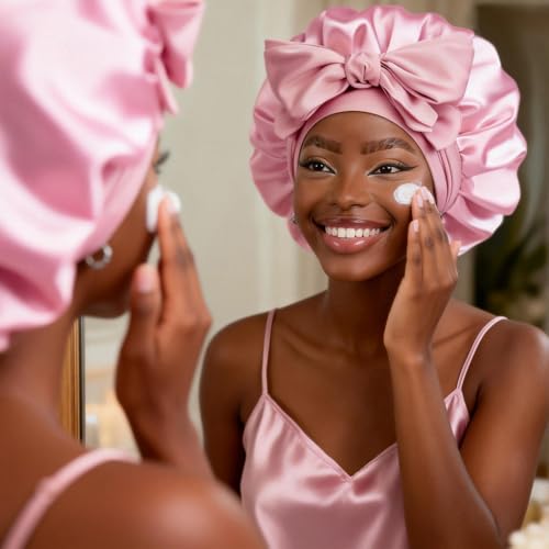 YANIBEST Satin Bonnet Silk Bonnet for Sleeping Double Layer Satin Lined Hair Bonnet with Tie Band Bonnets for Women, Pink, L