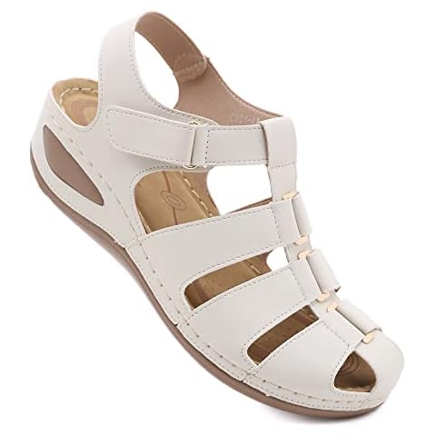 Cream Beige Cute Women Closed Toe Wedge Summer Gladiator Sandals Classic Shoes Comfortable Walking cuña Sandalias Blancas Comodas Para Mujer de Verano Moda Plataforma Elegantes Bajitas Cover