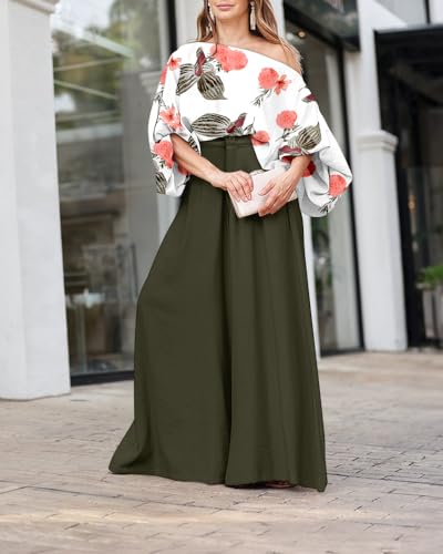 CHICME 2 Pieces Outfit French Style Floral Print Skew Neck Batwing Sleeve Stretchy Hem Top and Zipper Fly Elastic Back Waist Wide Leg Pants Set Vacation Casual Loose Fit Set-gr-XL - Thumbnail 2
