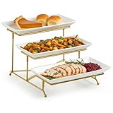 LAUCHUH 3 Tier Serving Stand Porcelain Serving Platter Tier Serving Trays with Collapsible Sturdier Rack, Serving Dishes and Platters for Thanksgiving, Christmas, Entertaining, Gold, 12 Inch