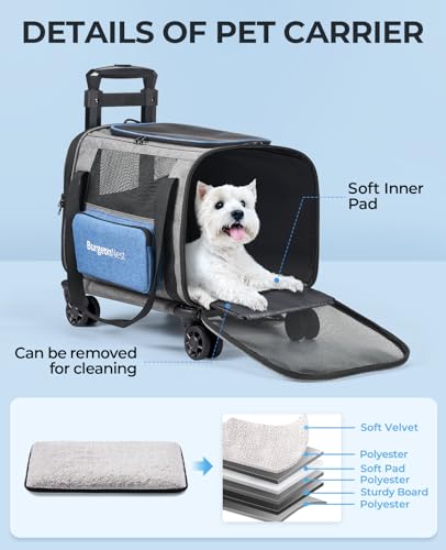 BurgeonNest Cat Carrier with Wheels, Pet Carrier for Dogs 25 lbs with Telescopic Handle, Small Dog Carrier with Wheels Removable, Soft Rolling Cat Carrier with Large Pocket for Travel Vet Visits