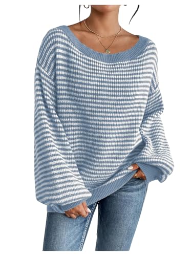 Image of SOLY HUX Women's Off The Shoulder Striped Sweaters Oversized Long Sleeve Knit Pullover Tops