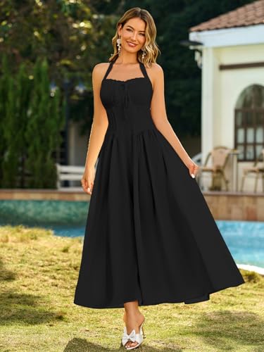 Image of KUTUMAI Summer Floral Corset Midi Dress Halter Smocked Sundress Flowy A Line Beach Wedding Guest Dresses for Women 2025