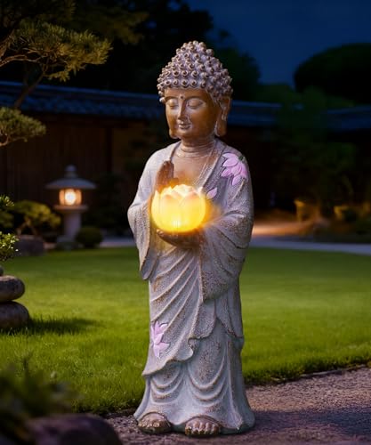Goodeco Statue de Bouddha solaire avec lumières de lotus roses – 28 cm – Décoration de jardin zen debout pour terrasse, cour, balcon, décoration de...
