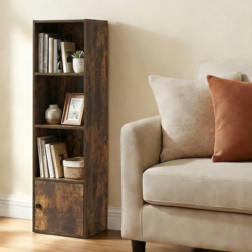 Image of Furinno LUDER Book Shelf, 4-Tier Bookshelf with Open Shelf, Standing Bookcase with 1 Door Cabinet, 9.3 x 12 x 41.8, for Organization and Storage, for Living Room, Bedroom, Home Office, Amber Pine