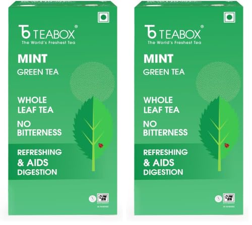 Image of Teabox Mint Green Tea | 25 Tea Bags with Premium Green Tea & Real Peppermint Leaves | Refreshing, Cooling & Smooth | Low Caffeine | Clean Ingredient Blend (Pack of 2)