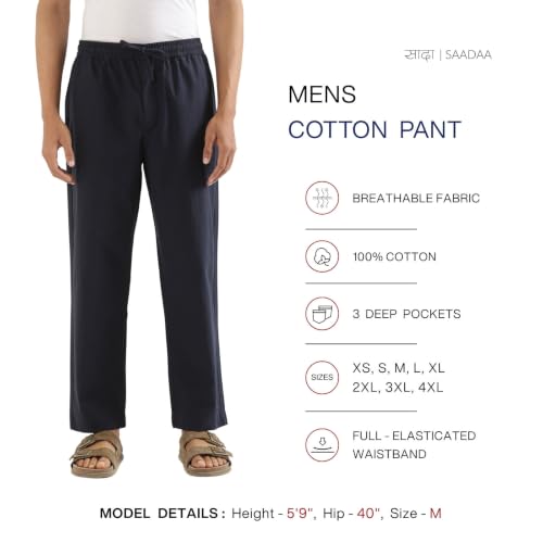 Image of SAADAA Men's 100% Cotton Pants | Mid-Rise Straight Fit Casual Trousers with Elastic Waistband and 3 Pockets | Everyday Wear