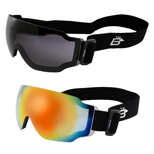 Birdz Eyewear Arch Sports Padded Safety Sky Diving Ski Motorcycle Goggles for Men & Women ANSI Z78.1+ 2 Pairs Smoke & Red Mirror Lenses