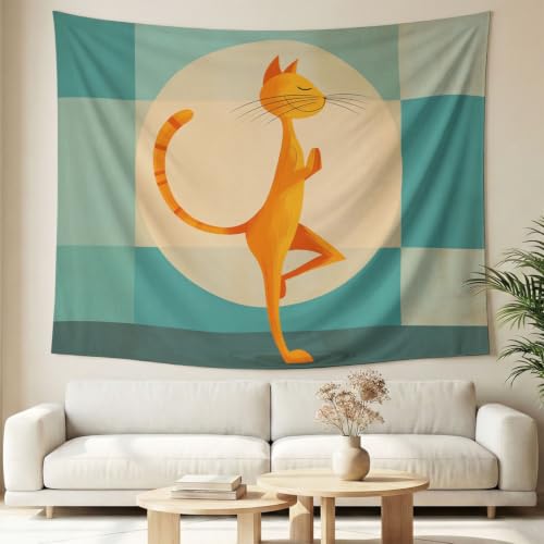 Tapisserie murale vintage chats yoga grand format 150x200 pour déco chambre