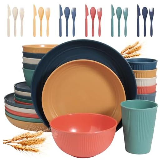 Wheat Straw Dinnerware Sets for 6 (42pcs), SGAOFIEE Unbreakable Dinnerware Set, Kitchen Plates and Bowls Set, Unbreakable Plastic Outdoor Camping Dishes, Dishwasher Microwave Safe, Autumn Multicolor