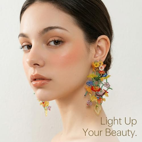 Rainbow Flower Earrings for Women,Colorful Spring Floral Earring Oversized Long Dangle Earring Handmade Beaded Tassel Earrings Jewelry Gifts (A:Colorful) by Tazimo - Used condition - Image 2
