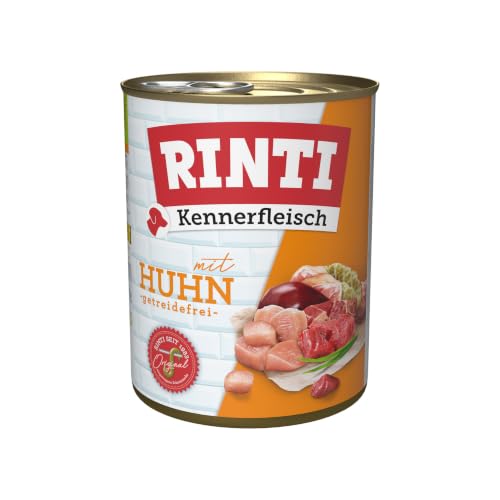 RINTI - Kennerfleisch | Nassfutter mit 70% Fleisch für ausgewachsene Hunde. Getreidefreies Alleinfutter in der Dose ohne Soja, Farb- und Konservierungsstoffe | 12x800g Huhn