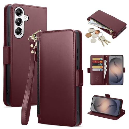 COBEAR for Samsung Galaxy A36/A56 Case Wallet, Pu Leather Flip Phone Case with Wrist Strap, Zipper Pocket, Kickstand, Women Men Phone Wallet Case with Card Holder for Samsumg A36/A56,Wine Red