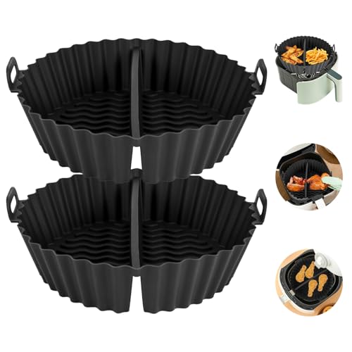 YYTECH 20 cm Round Airfryer Silicone Mould Pack of 2 Airfryer Accessories Reusable Silicone Insert Black Hot Air Fryer Baking Mould with Dividers for Microwave Oven Fryers Ovens