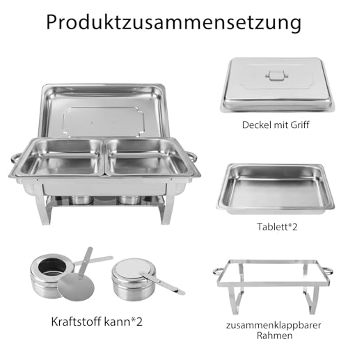 AllRight 9L Edelstahl Warmhaltebehälter Buffetwärmer Mahlzeit Chafing Dish Speisenwärmer Wärmebehälter Rechaud für Catering Buffet und Party (2X 1/2 GN-Behälter) – Bild 4