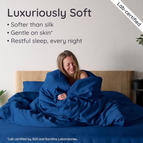 Image of Bambaw Queen Size Duvet Cover Set 3pcs 100% Viscose Derived from Bamboo, Cooling, Super Soft Bedding Set, Luxury, No Comforter (Navy Blue)