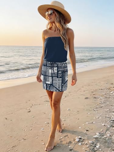 Image of SAUKOLE Summer Dress for Women Strapless Beach Cover Ups Boho Sundress Mini Dress Drawstring Waist with Pockets