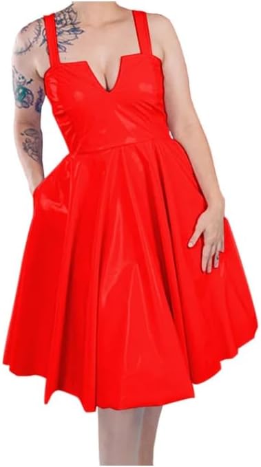 Sleeveless Suspender Women Dress Wet PVC Leather Party Midi A-line Dress Female Dresses Club Vestido Customizable