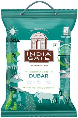 India Gate Dubar Pure Basmati Rice • Lean and Slender • Long Grain • Naturally Aged, 176.37 oz ℮ 11.02 lbs ℮ 5 kg أرز إنديا جيت دوبار بسمتي نقي