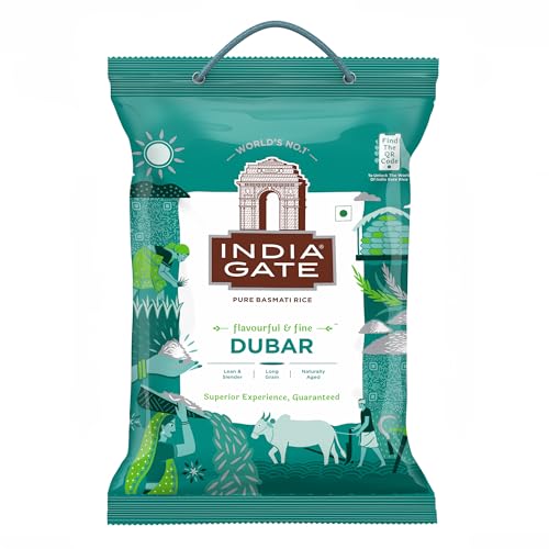 India Gate Dubar Pure Basmati Rice • Lean and Slender • Long Grain • Naturally Aged, 176.37 oz ℮ 11.02 lbs ℮ 5 kg أرز إنديا جيت دوبار بسمتي نقي